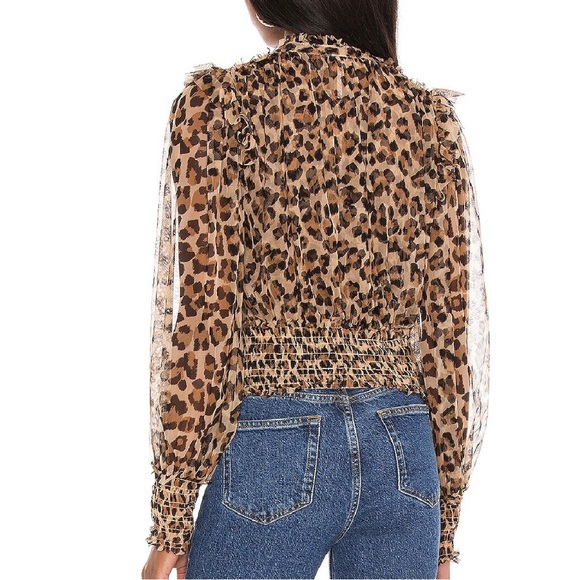 Free People Printed Twyla Top Size Large Leopard Combo Smocked - Picture 10 of 13